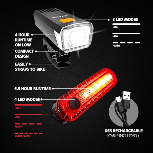 KunHe Luces para Bicicleta Recargables USB-C Delantera y Trasera 8 Unidades Negro miniatura 2