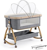 Vista 8 de bonbay Moisés de bebé, moisés de noche para bebé, 4 en 1, moisés portátil con ruedas, mosquitero y cesta de almacenamiento, cuna mecedora ajustable