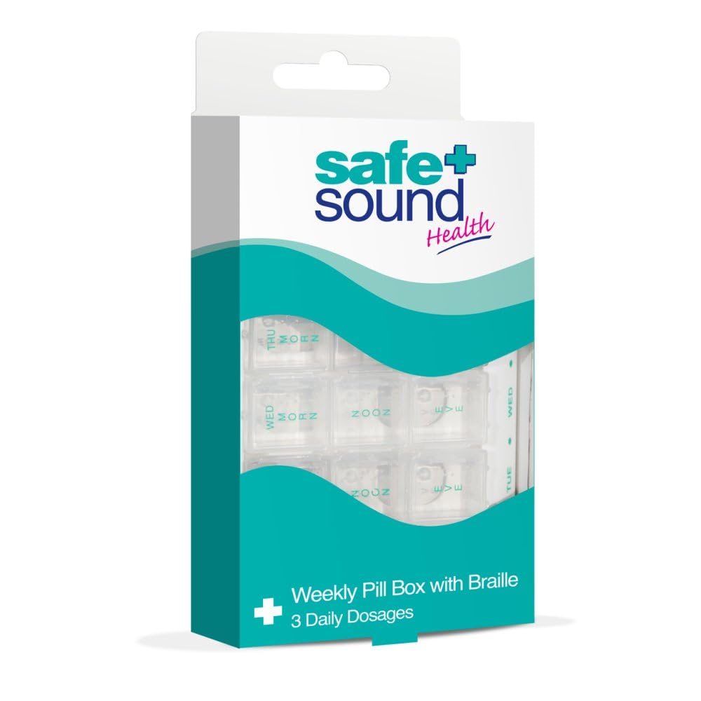 Safe and Sound Weekly Pill Organiser, 3 Compartments Per Daily Removable Section, Printed and Braille Flip-top Lids, Push-open Catches