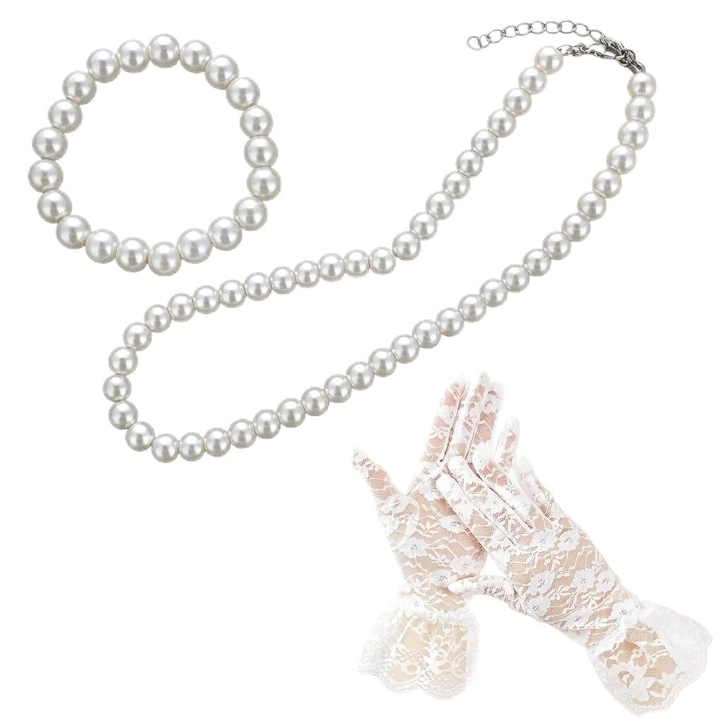 AYZDJ 4Pcs Wrist-Length Lace Gloves + Pearl Choker Necklace Earrings Bracelet – Short Lace Gloves Set with Pearl Jewelry for Women Bride Wedding Prom Evening Dress Vintage 1920s Tea Party Opera.
