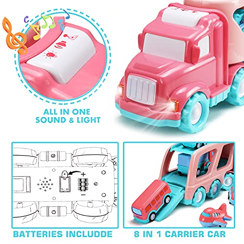 Bakatatoyz Pink Car Carrier Truck Set(9 In 1) With Lights And Sounds, Friction Powered Double Deck Container Transport Truck With 8 Mini Cartoon Pull Back Vehicles, Girls Toy For Toddler Birthday Gift #TOP1