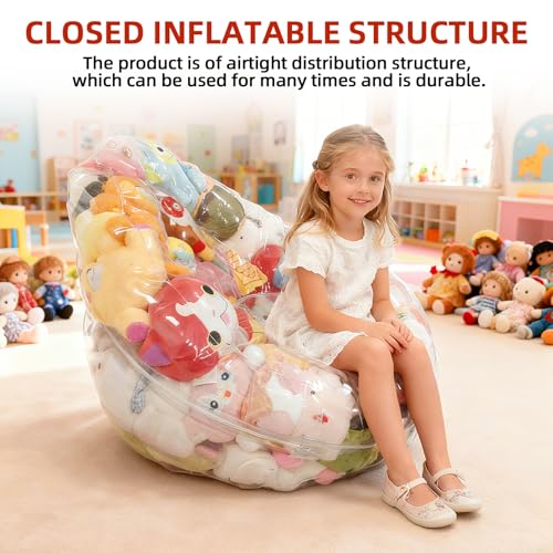 Image of Clear Stuffed Animal Storage Bean Bag Chair for Stuffed Animals, 150L Oval Shape 31.4in Waterproof PVC, 2-in-1 Toy Organizer and Comfy Seat for Kids Room and Playroom (No Filler Included)