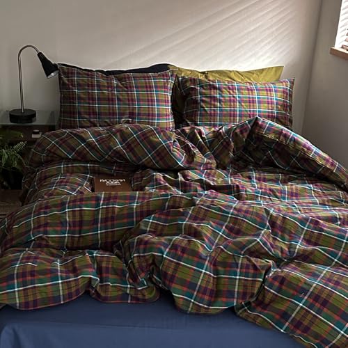 Image of VM VOUGEMARKET Neutral Multicolor Plaid Washed Cotton Duvet Cover Queen,Vintage Green & Purple Gingham Tartan Bedding Set for Modern & Rustic Bedrooms(90 inchx90 inch)