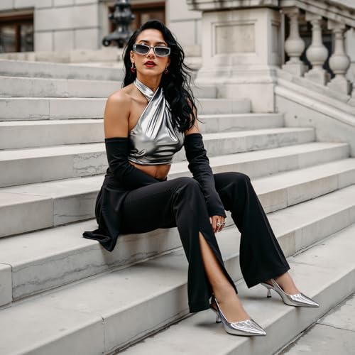 DREAMCIA Women's Pumps Slingback Heels Pointed Toe Sling Back Kitten Heels Women Metallic Slingback Pumps Bride Dresses Wedding Shoes4