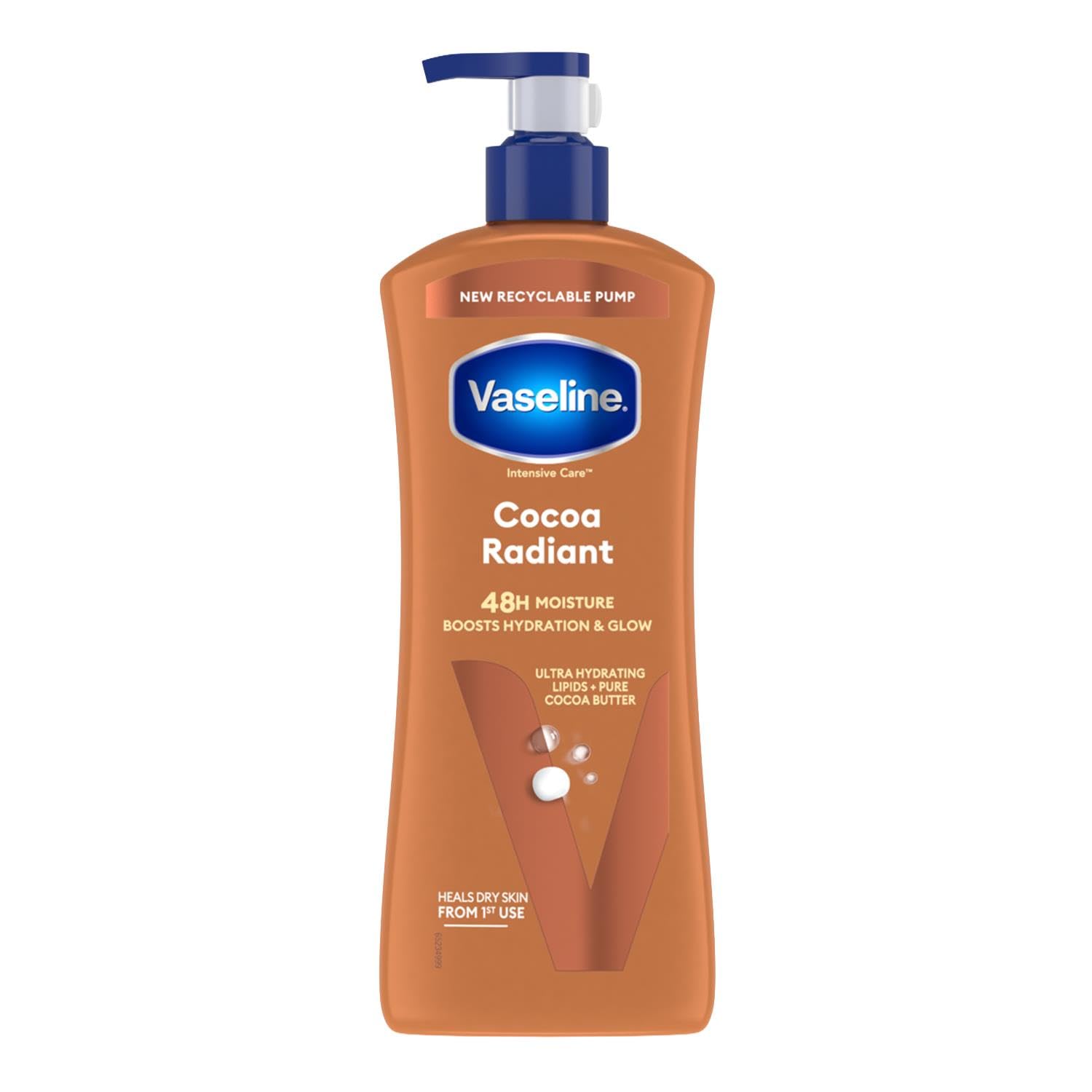 Vaseline Intensive Care Cocoa Radiant Body Lotion with ultra-hydrating lipids and pure cocoa butter moisturising for dry, dull skin 600 ml