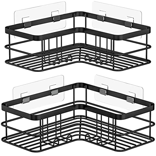 Yazoni Corner Shower Caddy, Adhesive Shower Shelves No Drilling [2-Pack], Rustproof Stainless Steel Bathroom Shower Organizer Wall Mounted With 8 Hooks And 6 Adhesives (Black) #TOP7