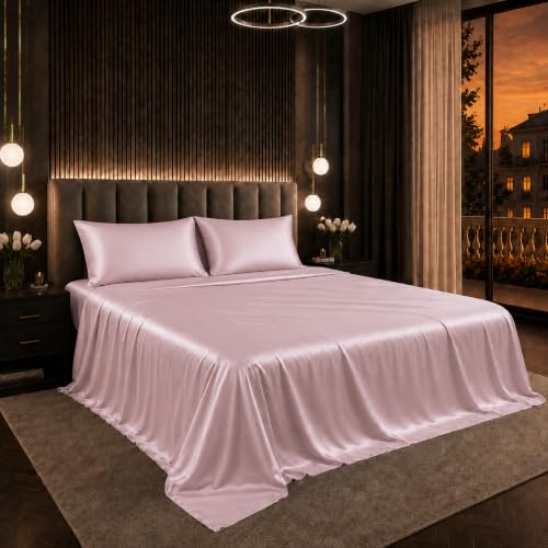 Image of Cloth Fusion Flat Satin Bedsheet Super King Size 108x108 inch | Baby Pink, 2 Pillow Covers, 300 TC, Glossy Finish, Smooth on Hair and Skin, Gift for Couples, Wedding & Anniversary