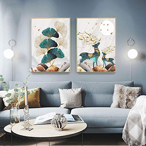 Lienzo de ciervos nórdicos y ginkgo verde para decorar un salón moderno con estilo 4