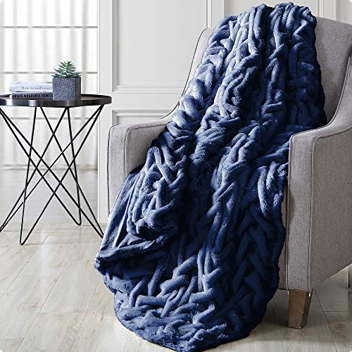 Image of Modern Threads Luxury Solid Braided Faux Fur Reverse to Flannel Throw Blanket, Navy - 50 inch x 60 inch