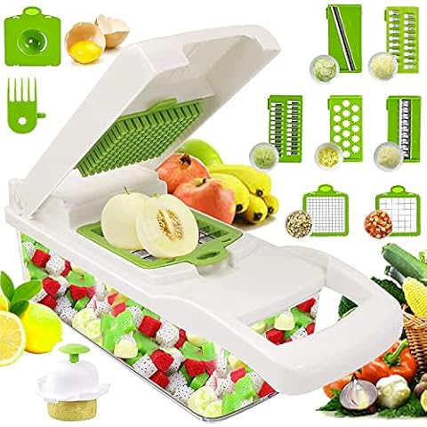 Raincol Upgraded Version Chopper, 12 in 1 Kitchen Mandolin Slicer with Food Container and Peeler, Multifunctional Vegetable and Onion Chopper for Garlic, Cabbage, Carrots, Potatoes, Tomatoes, Fruit Cover