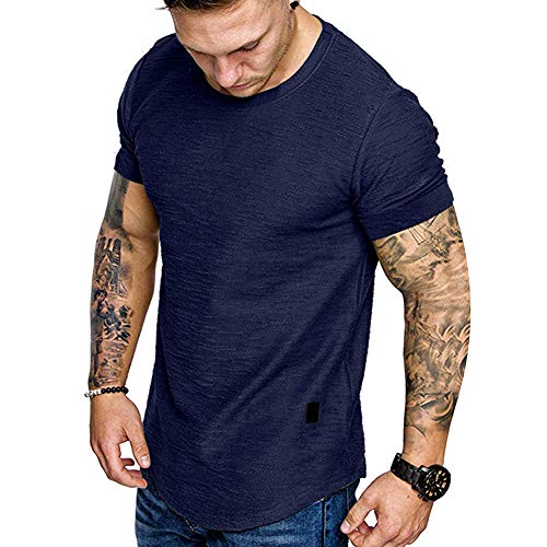 Fashion Mens T Shirt Muscle Gym Workout Athletic Short Sleeve Shirts Cotton Tee Shirt Top Blue