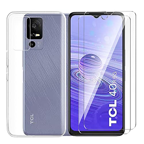 Tsinwe Funda + 2Pcs Cristal Templado para TCL 40R, Protector de Carcasa Suave Transparente Caso TPU Gel Silicona Protectora con HD Película para TCL 40R