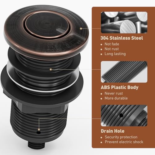 Image of Garbage Disposal Air Switch Kit Dual Outlet, Sink Top Button UL Listed | Waterproof Stainless Steel Countertop Button, Compatible for all Waste Disposer Models - Rubbed Bronze
