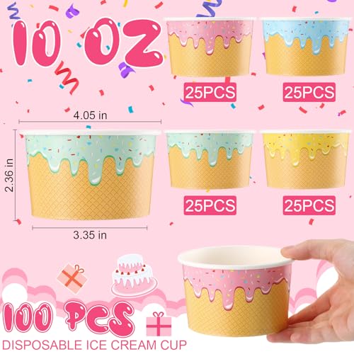 Image of 100 Pcs 10 oz Ice Cream Cups Paper Disposable Dessert Bowls Paper Ice Cream Sundae Bowls Bulk Dessert Cups Yogurt Snack Soup Containers for Cold or Hot Food Summer Birthday Party Supplies
