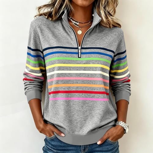 Womens Half Zip Sweatshirts Striped Collar V Neck Long Sleeve Tops - image 2