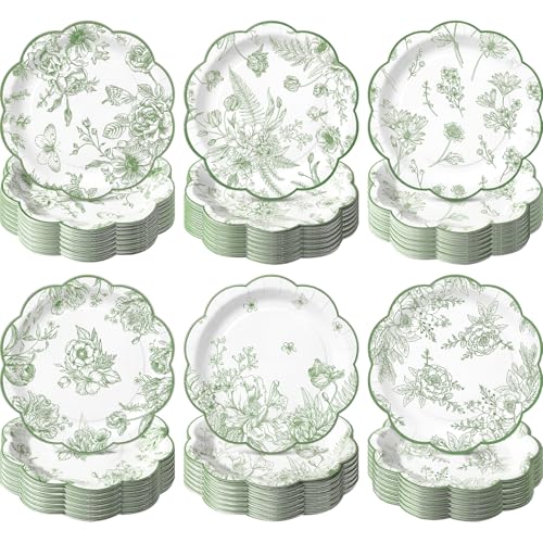 Image of Funnymoom 60 Pcs 7 inch Sage Green Floral Party Plates Vintage Floral Leaf Disposable Paper Plates Green Toile Scalloped Dessert Plate for Spring Wedding Bridal Baby Shower Tea Party Decoration Supplies