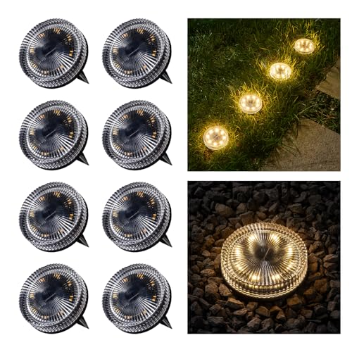 OPOIRA Glass Solar Ground Lights with Ray Style, Modular-Design Waterproof In-Ground Light for Patio Pathway Lawn Yard Deck Walkway, Decorative Disk Lighting for Garden Bed, Warm White (8 Pack)