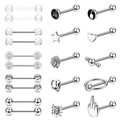 JeweBella 20 Pièces 14G Piercing Langue pour Femme Homme Acier Chirurgical Piercing Téton Percing Langue Argent/Noir Barre Piercing Bijoux 16mm