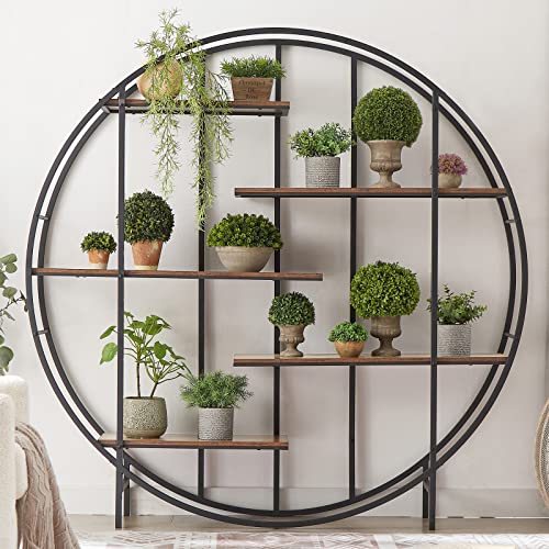 Pkugu Round 5-Tier Bookcase, Tall Bookshelf Organizer, Open Bookshelf With Storage, Mid Century Modern Book Shelf, Living Room, Study Room, Bedroom, Metal Frame, Mdf Board, Black + Rustic Brown #TOP2