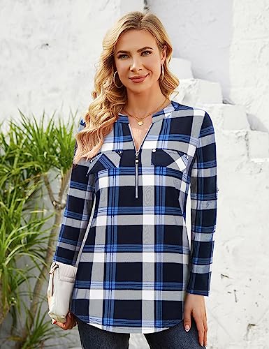 Image of Bulotus 3 /4 Length Sleeve Womens Striped Tops Zipper V Neck Collared Blouses Business Casual Tunics 2026 Spring Trendy