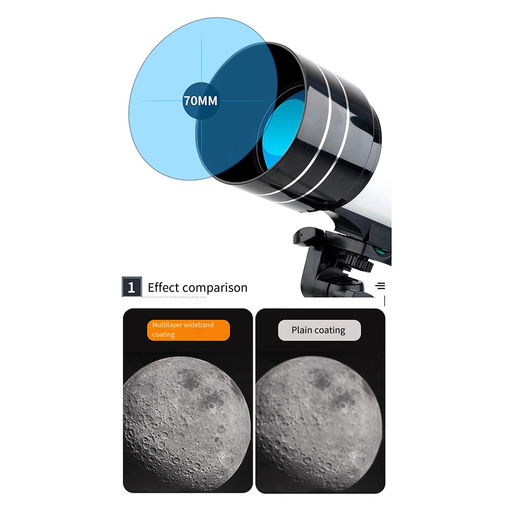Telescopio astronómico 150X para niños, telescopios refractores de 70 mm para principiantes de astronomía con soporte para teléfono Bluetooth, fácil de usar