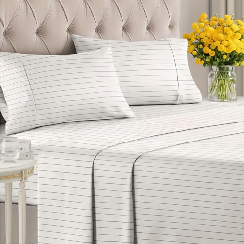 Image of Full 4 Piece Striped Sheet Set - Soft, Breathable & Cooling - Cream Stripe | 1 Flat, 1 Fitted & 2 Pillowcases w / Deep Pockets, Luxury Striped Bedding, Soft, Breathable & Cooling, Wrinkle & Fade Free