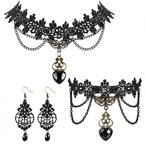 LOLIAS Halloween Collar Pulsera Pendientes Set Para Mujer Encaje Negro Lolita Steampunk Vampire Victorian Gothic Christmas Costume Set de Joyería