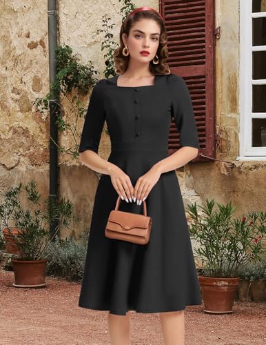 Bbonlinedress Vintage Cocktail Dress Women Formal Wedding Guest Church Modest Square Neck Tea Dress with 3/4 Sleeve3