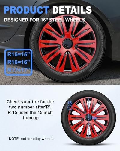 Image of ABX Hubcaps,16 inch hubcaps Set of 4, Wheel Rim Cover ABS Material, Snap On Car Truck SUV Replacement, for Toyota Camry Nissan Mazda etc, Black&Red