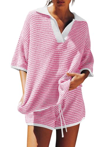 Image of Tankaneo Womens Sweater Set 2 Piece Outfits Oversized 3 /4 Sleeve V Neck Knit Tops High Waisted Shorts Lounge Sets