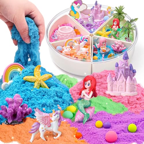 5 en 1 Arena Mágica y Cinética, Regalo Unicornio para Niñas Caja de 900g Colores Magic Sand, Sirena Figura Unicornio, Moldes de Arena Castillo, Juguetes Sensoriales Juego de Arena Regalo para Niñas 3+