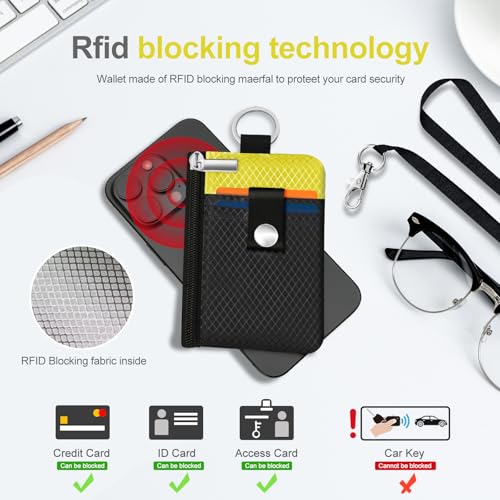 Image of Minimalist RFID Blocking Small Wallet with ID Window,WaterResistant Zip Id Case Wallet with Lanyard Keychain for Cards,Cash,Travel,Women,Men (Black /Lemon Yellow)