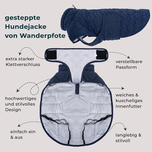 Wanderpfote Hundemantel – Steppjacke Hundejacke Stilvoll und Elegant – Hundemantel Wasserdicht – optimal für kleine und mittelgroße Hunde (Blau, M)
