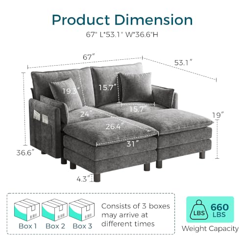 Image of LINSY HOME 65'' Modular Sectional Sofa Love Seat Couch Chenille Cloud Couch with Deep Seat, Modern Comfy Love Seat with 2 Movable Ottoman for Living Room, Office, Bedroom, Grey(Pillows Included)