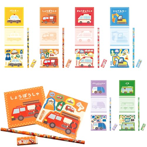 乗り物4点文具セット 全6種×各1個 計6個セット (小容量 ご自宅 おすそわけ 誕生日会 向け) えんぴつ 消しゴム ノート シール 計4点 文房具 文具 ステーショナリー 事務用品 事務所 教室 ノベルティ プレゼント 景品 ごほうび 消防車 救急車