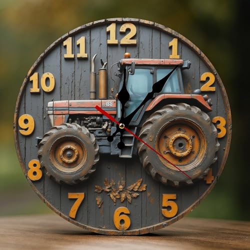 Novastar Horloges murales décoratives à piles - 25,4 cm - Tracteur vintage en bois - Impression 2D - Sans tic-tac - Horloge murale silencieuse pour salon,...