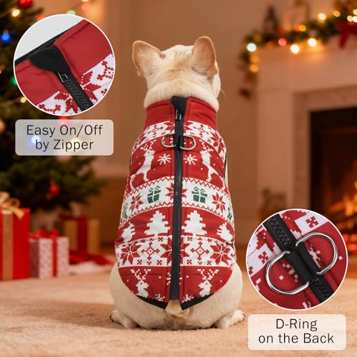 Image of SCENEREAL Christmas Winter Dog Vest Coat with Harness Built in | Cold Weather Coat with Zipper for Small dogs, Fleece Puffer Vest Windproof Snow Clothes