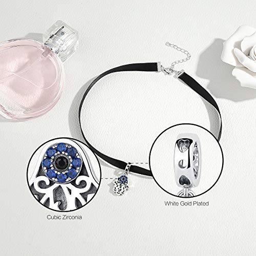 Image of BISAER Hamsa Hand Charm - Sterling Silver, Blue Gemstones Evil Eye, Fits Bangle, Bracelet, Necklace