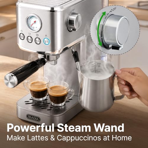 Image of Zulay Magia Compact Espresso Machine - 20 Bar Small Espresso Machine with Milk Frother Steam, Latte & Cappuccino, Mini Espresso Machine 1350W Fast Heating, 40oz Water Tank, Stainless Steel - Silver