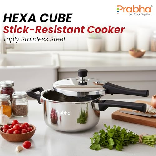 Image of Prabha Stainless Steel Pressure Cooker Outer Lid 6 Litre Tri-Ply Hexa Cube Non-Stick Manual Kitchen Cookware ISI Certified for Gas & Induction