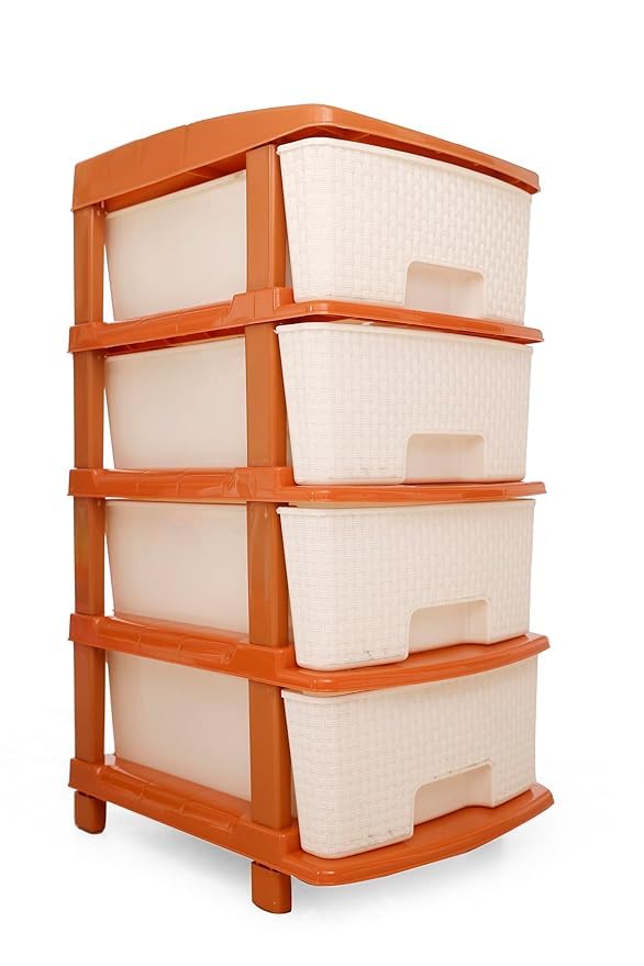 Image of KITCHIVO Plastic Modular Drawer Storage Chest Of Drawers Organizer Storage Box, Large Stomo Racks For Multipurpose Anti-slip Shoes Organizers (White & Golden, 4 Layer)
