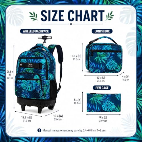 Image of 3Pcs Rolling Backpack for Boys Men, Travel Roller Backpacks with Wheels for Adults, Teens College Leaf Wheeled Bookbag with Lunch Box(Green)