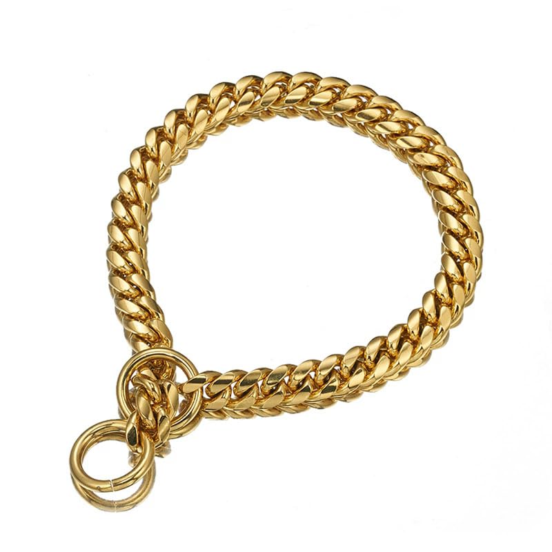 18K Gold Chain Dog Collar 10MM Cuban Link Chain Stainless Steel Metal Links Walking Training Collar Choker for Small Medium Large Dogs 12in to 26in (12“”(Neck Fits 8"))