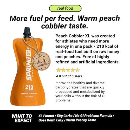 Image of Spring Energy Honey Banana Peach Energy Gel - Real Food Running Gel, 210 Calories, Peach Cobbler Flavor - 50g of Carbs, No Rice Syrup or Maltodextrin (6 Pack)