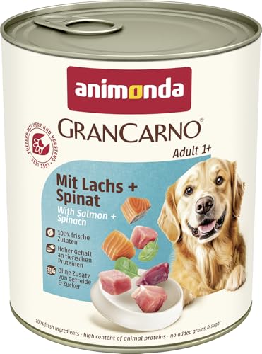 animonda GranCarno Hunde Nassfutter mit Lachs + Spinat (6 x 800 g), getreidefreies Hundenassfutter ohne Zucker, für ausgewachsene Hunde, mit frischen fleischigen Zutaten