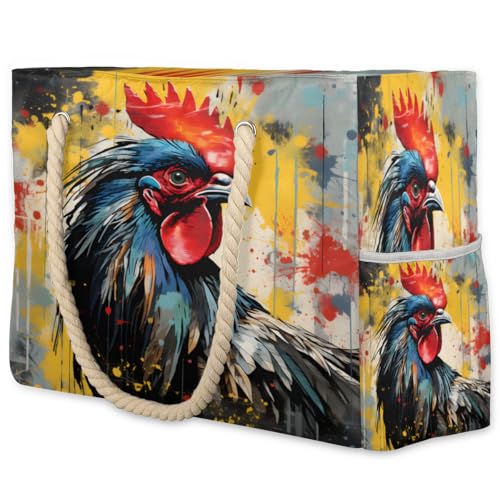 Vintage Watercolour Rooster Beach Bag for Women Waterproof Sandproof Tote with Zipper Cotton Rope Handles for Travel Pool Gym Shopping