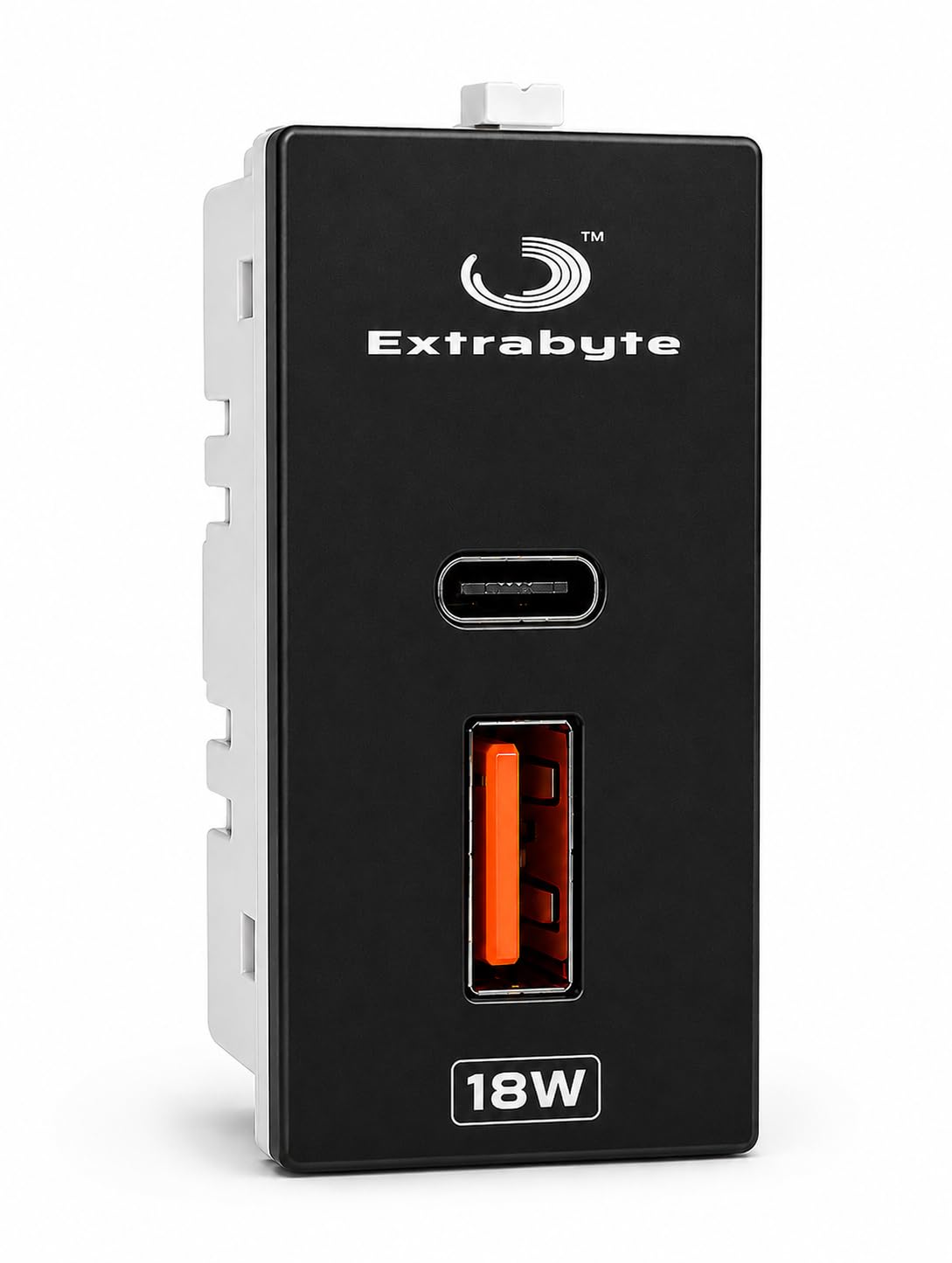 Extrabyte Dual Type C USB A Socket Charger for Switch Board, Black | Universal Standard Charging, Roma Electrical Modular Compatible, Wall Switch Board Mount