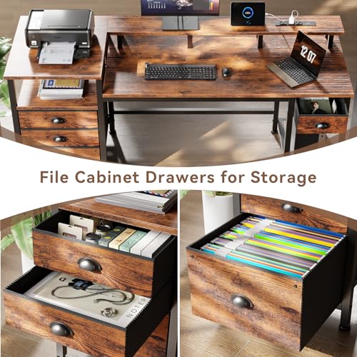 Image of Furologee 60 inch Computer Desk with File Cabinet and Storage Shelves, Reversible Home Office Desk with LED Lights, Full Monitor Stand, Power Outlets, Study Gaming Table with 4 Drawers, Rustic Brown