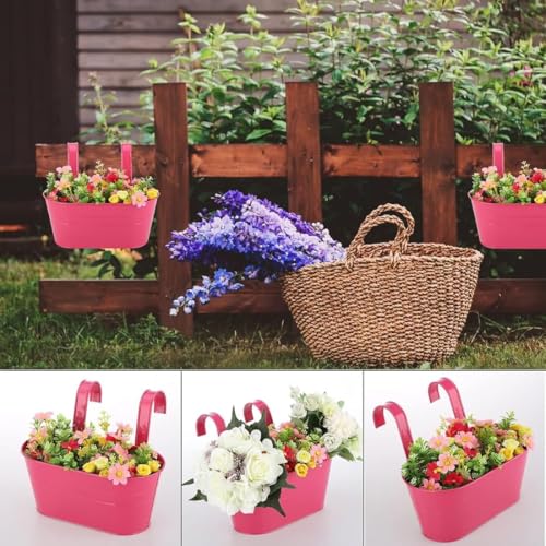 Image of 12 INCH Anti Rust Railing Oval Planter for Balcony & Garden with Detachable Handle | Hanging Flowerpot Holder | Metal Wall Planter for Indoor and Outdoor Decor (Multicolour, 3)