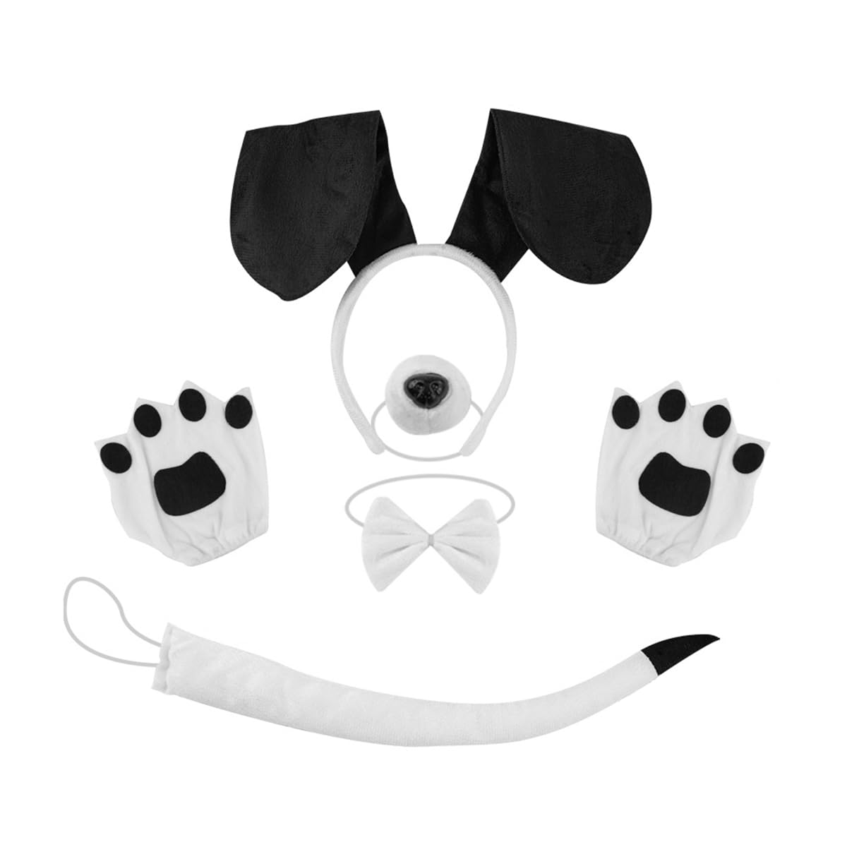 Sarini 5pcs Black And White Puppy Costume Set Dog Ears Headband Gloves Bow Tie Nose Tail Masquerade Dog Suitable For Boys Girls Role Play Party Halloween Costume